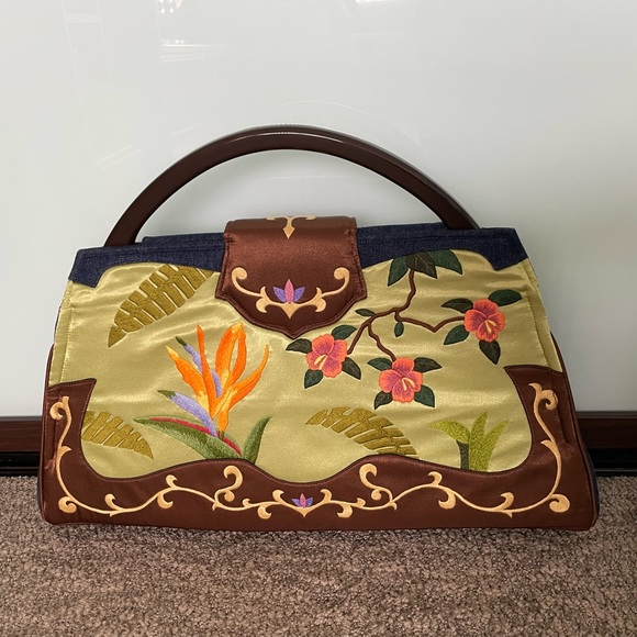 Large wood handle handbag or denim and silk. - Picture 2 of 3